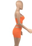 Women Summer Orange Sexy Sleeveless Crop Top Solid MiniTwo Piece Skirt Set