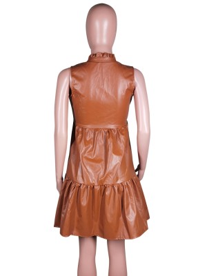 Women Spring Brown Vintage V-neck Sleeveless Solid PU Leather Mini Pleated Dress