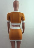 Women Summer Brown Casual O-Neck Short Sleeves Crop Top Color Blocking Button MiniTwo Piece Skirt Set