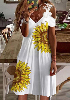 Women Summer Printed Sweet V-neck Short Sleeves Floral Print Dress