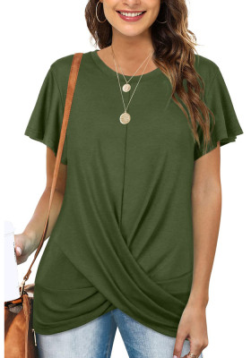 Women Summer Green Casual O-Neck Short Sleeves Solid Long T-Shirt
