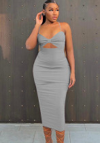 Women Summer Grey Sexy Sleeveless Solid Hollow Out Midi Dress