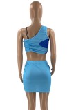 Women Summer Blue Sexy Sleeveless Crop Top Color Blocking GatheringTwo Piece Skirt Set