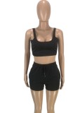 Women Summer Black Casual U-neck Sleeveless Crop Top Solid Skinny Two Piece Shorts Set