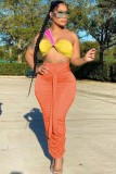 Women Summer Orange Sexy Crop Top Color Blocking BeltedTwo Piece Skirt Set