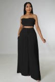Women Summer Black Casual Crop Top And Loose Pant Two Piece Set