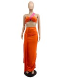 Women Summer Orange Sexy Crop Top Belted Two Piece Skirt Set