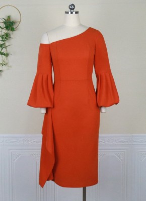 Women Spring Orange Sexy Slash Neck Puffed Long sleeve Solid Midi Dress