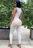 Women Summer White Casual O-Neck Sleeveless Solid Jumpsuit