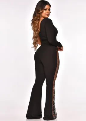 Women Spring Black Sexy Slash Neck Single Sleeve Patchwork Rhinestone Jumpsuit