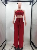 Women Summer Red Casual Crop Top And Loose Pant Two Piece Set