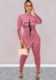 Women Spring Pink Casual O-Neck Full Sleeves High Waist Letter Print Ripped Skinny Two Piece Pants Set