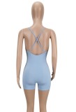 Women Summer Blue Casual V-neck Sleeveless Solid Above Knee Regular Ribbed Rompers