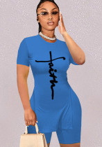 Women Summer Blue Casual O-Neck Short Sleeves High Waist Letter Print Regular Two Piece Shorts Set
