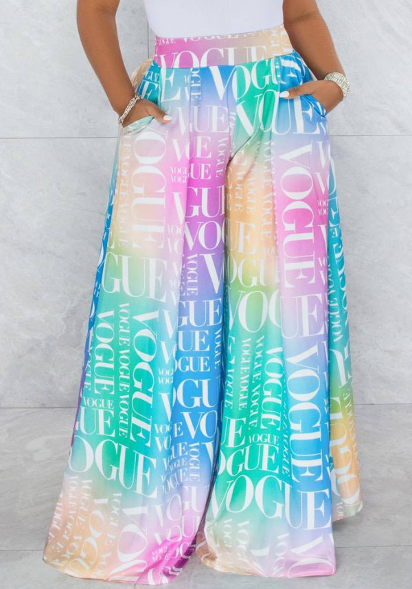 Women Summer Printed Wide Leg Pants High Waist Elastic Waist Geometric Print Pockets Full Length Loose Pants