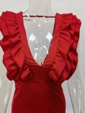 Women Summer Red Vintage V-neck Sleeveless Solid Cascading Ruffle Sheath Midi Dress