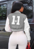 Women Spring Grey Full Sleeves Letter Print Embroidery Single Breasted Short Jacket