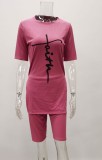 Women Summer Pink Casual O-Neck Short Sleeves High Waist Letter Print Regular Two Piece Shorts Set