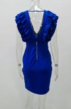 Women Summer Blue Vintage V-neck Sleeveless Solid Cascading Ruffle Sheath Midi Dress
