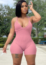 Women Summer Pink Casual V-neck Sleeveless Solid Above Knee Regular Ribbed Rompers