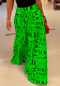 Women Summer Printed Wide Leg Pants High Waist Elastic Waist Letter Print Pockets Full Length Loose Pants
