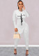 Women Spring White Casual O-Neck Full Sleeves High Waist Letter Print Ripped Skinny Two Piece Pants Set