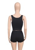 Women Summer Black Casual Sleeveless High Waist Solid Regular Two Piece Shorts Set