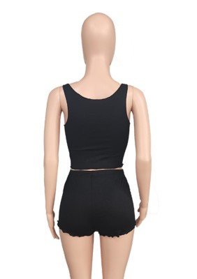 Women Summer Black Casual Sleeveless High Waist Solid Regular Two Piece Shorts Set