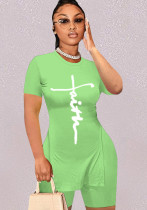 Women Summer Green Casual O-Neck Short Sleeves High Waist Letter Print Regular Two Piece Shorts Set
