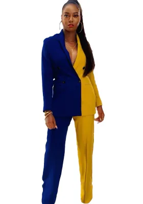 Women Spring Modest Turn-down Collar Full Sleeves High Waist Color Blocking Pockets Regular Two Piece Pants Set