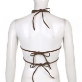 Women Summer Brown Halter Solid Lace Up Short Camis