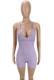 Women Summer Purple Casual V-neck Sleeveless Solid Above Knee Regular Ribbed Rompers
