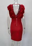 Women Summer Red Vintage V-neck Sleeveless Solid Cascading Ruffle Sheath Midi Dress