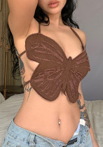 Women Summer Brown Halter Solid Lace Up Short Camis