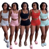 Women Summer Pink Casual Sleeveless High Waist Solid Regular Two Piece Shorts Set