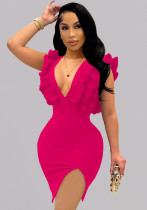 Women Summer Pink Vintage V-neck Sleeveless Solid Cascading Ruffle Sheath Midi Dress