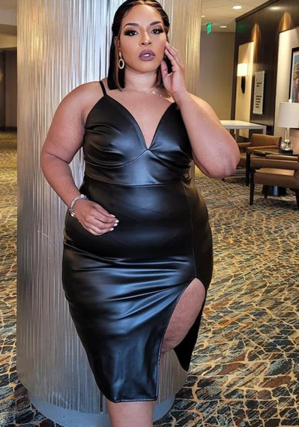 Women Summer Black Sexy V-neck Sleeveless Solid PU Leather Ripped Midi Pencil Plus Size Party Dress