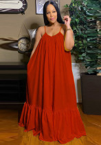 Women Summer Red Strap Solid Color Boho Swing Long Maxi Dress