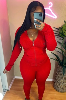 Women Spring Red Sports Hooded Full Sleeves High Waist Solid Pockets Regular Two Piece Pants Set