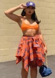 Women Summer Orange Preppy Style High Waist Plaid Print Belted Midi Asymmetrical Skirts
