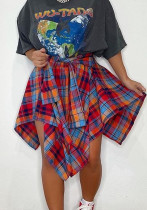 Women Summer Printed Preppy Style High Waist Plaid Print Belted Midi Asymmetrical Skirts