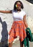 Women Summer Orange Preppy Style High Waist Plaid Print Belted Midi Asymmetrical Skirts