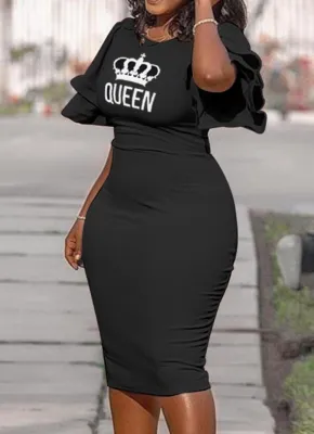 Women Summer Black Casual O-Neck Half Sleeves Letter Print Ruffles Mini Pencil Plus Size Shirt Dress