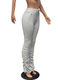Women Spring Grey High Waist Drawstring Solid Zippers Full Length Regular Sweatpants