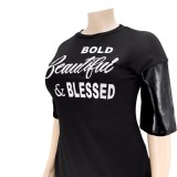 Women Summer Black Casual O-Neck Half Sleeves Letter Print Midi Loose Plus Size Shirt Dress