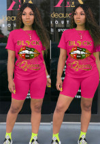 Women Summer Pink Casual O-Neck Short Sleeves High Waist Letter Print Regular Two Piece Shorts Set