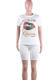 Women Summer White Casual O-Neck Short Sleeves High Waist Letter Print Sequined Regular Two Piece Shorts Set