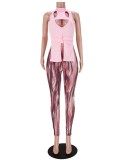 Women Spring Pink Modest Turtleneck Sleeveless High Waist Printed Hollow Out Regular Two Piece Pants Set