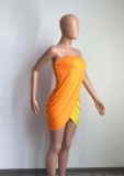 Women Summer Orange Sexy Strapless Sleeveless Color Blocking Mini Loose Club Dress