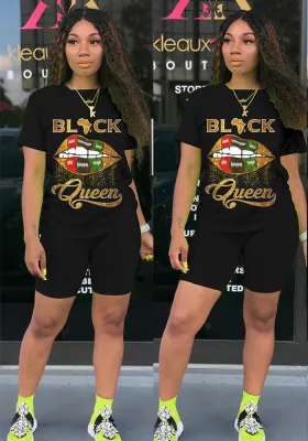 Women Summer Black Casual O-Neck Short Sleeves High Waist Letter Print Sequined Regular Two Piece Shorts Set
